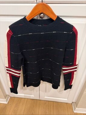 Men’s  Navy Crewneck Stripe Sweater with Red and Cream Accents